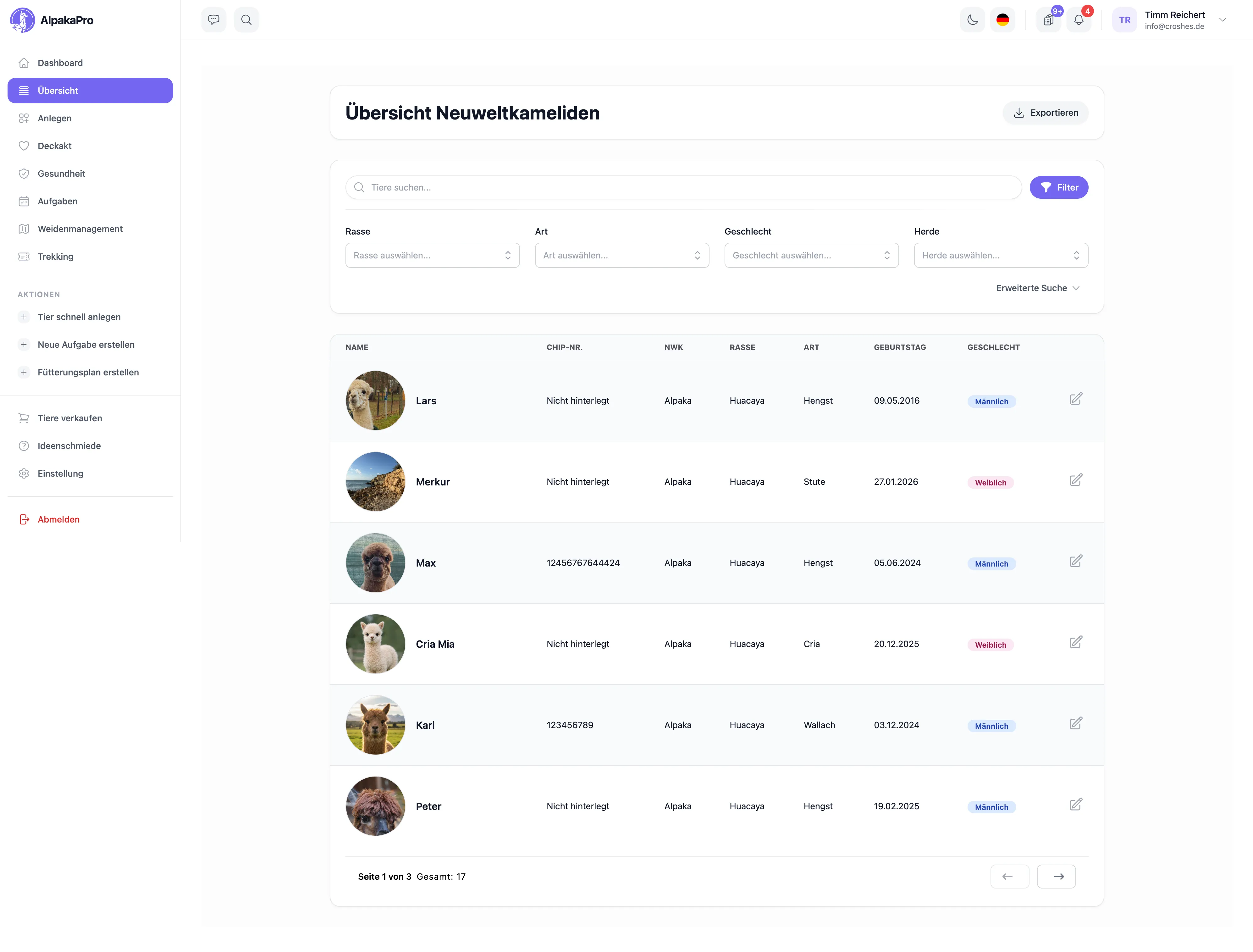 ALPAKA.PRO Dashboard Übersicht – Alpaka-Herdenverwaltung mit Tierprofilen, Zuchtdaten und Stammbaum