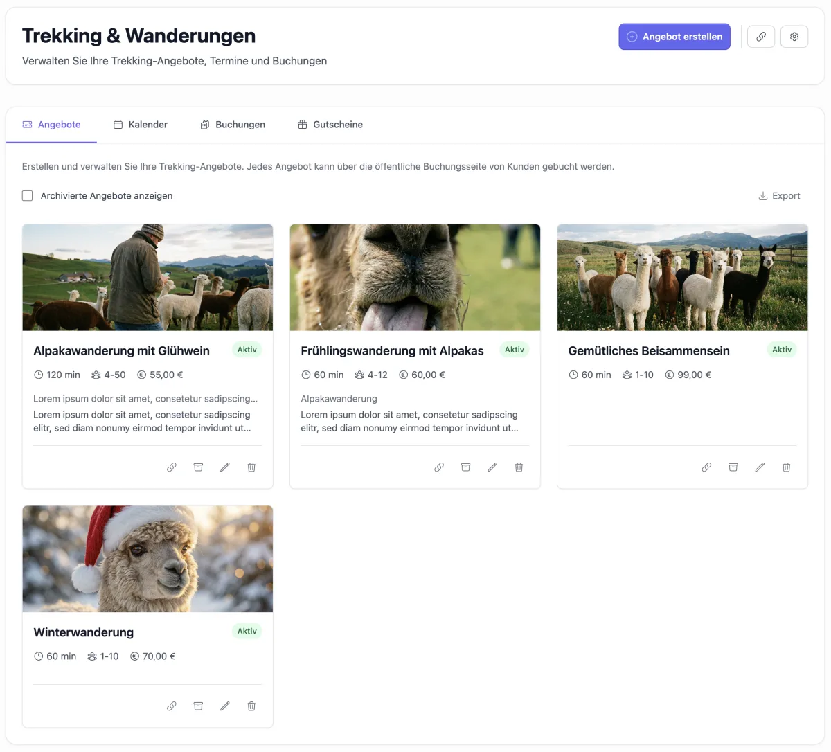 Alpaka-Wanderungen Angebote und Termine erstellen in der ALPAKA.PRO App