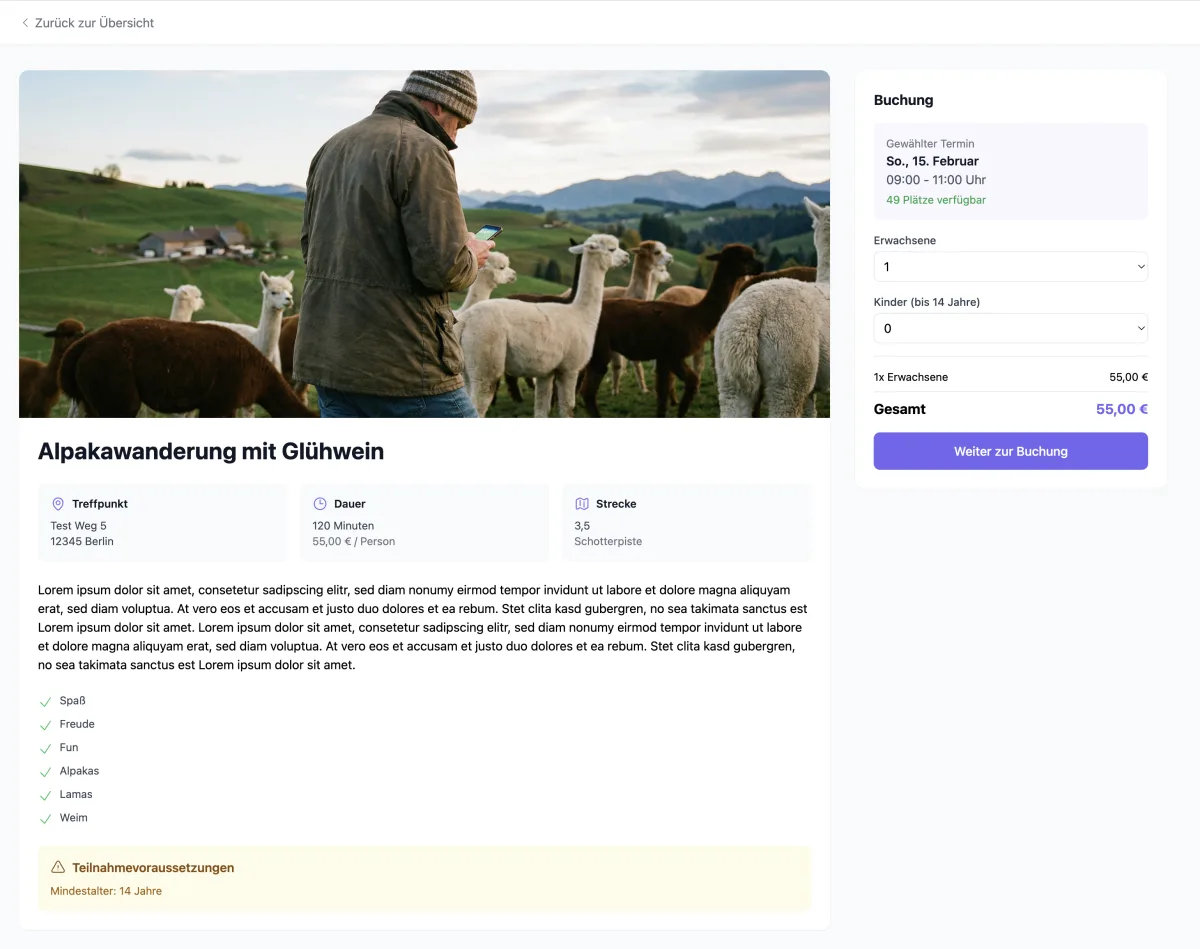 Online-Buchung und Bezahlung einer Alpaka-Wanderung mit Preisübersicht