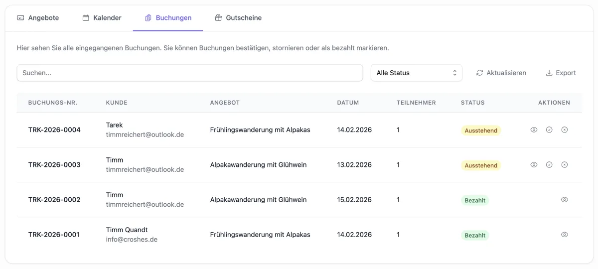 Teilnehmer- und Buchungsübersicht für Alpaka-Wanderungen mit Bezahlstatus