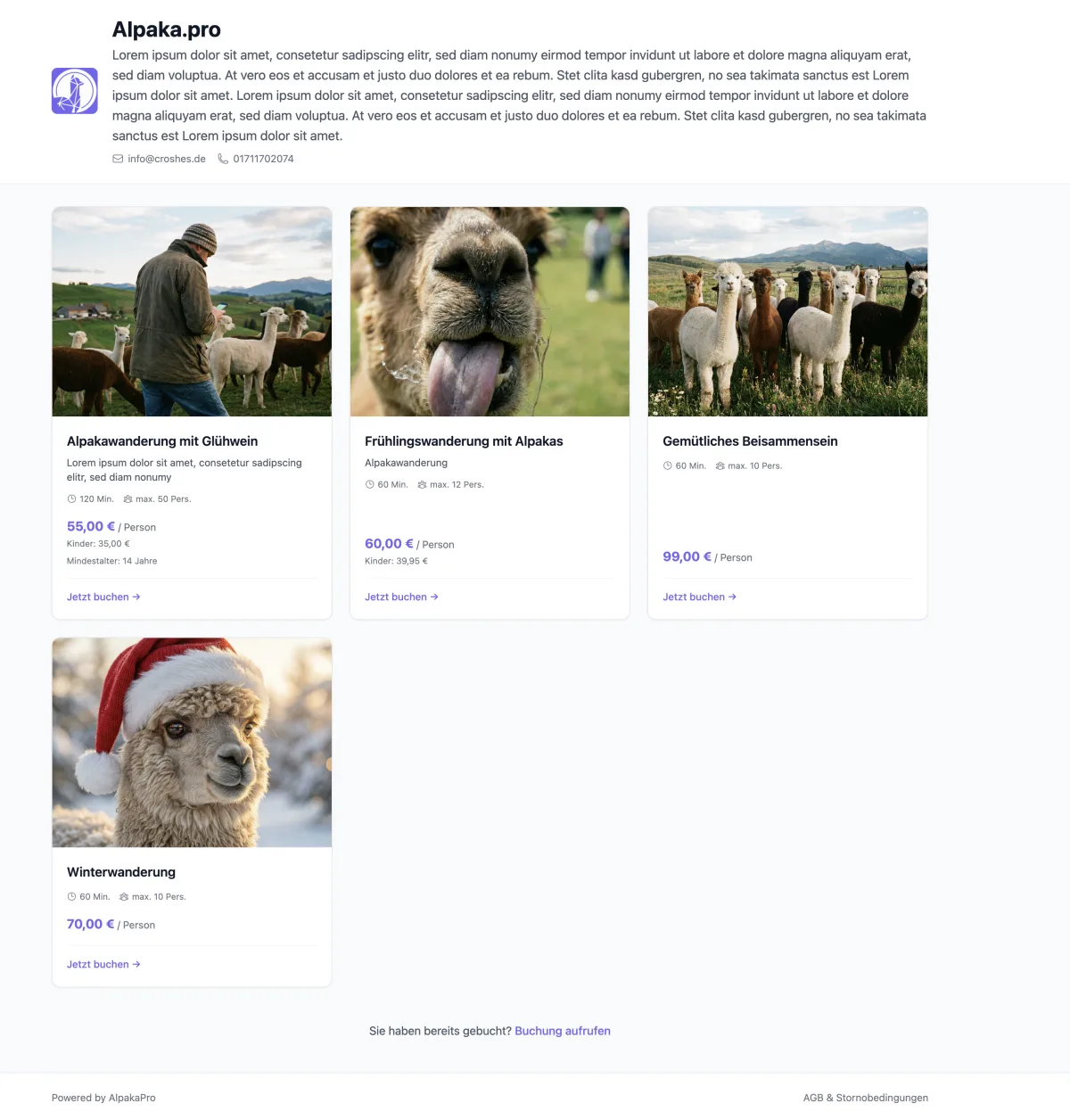 Öffentliche Buchungsseite für Alpaka-Wanderungen mit verfügbaren Terminen