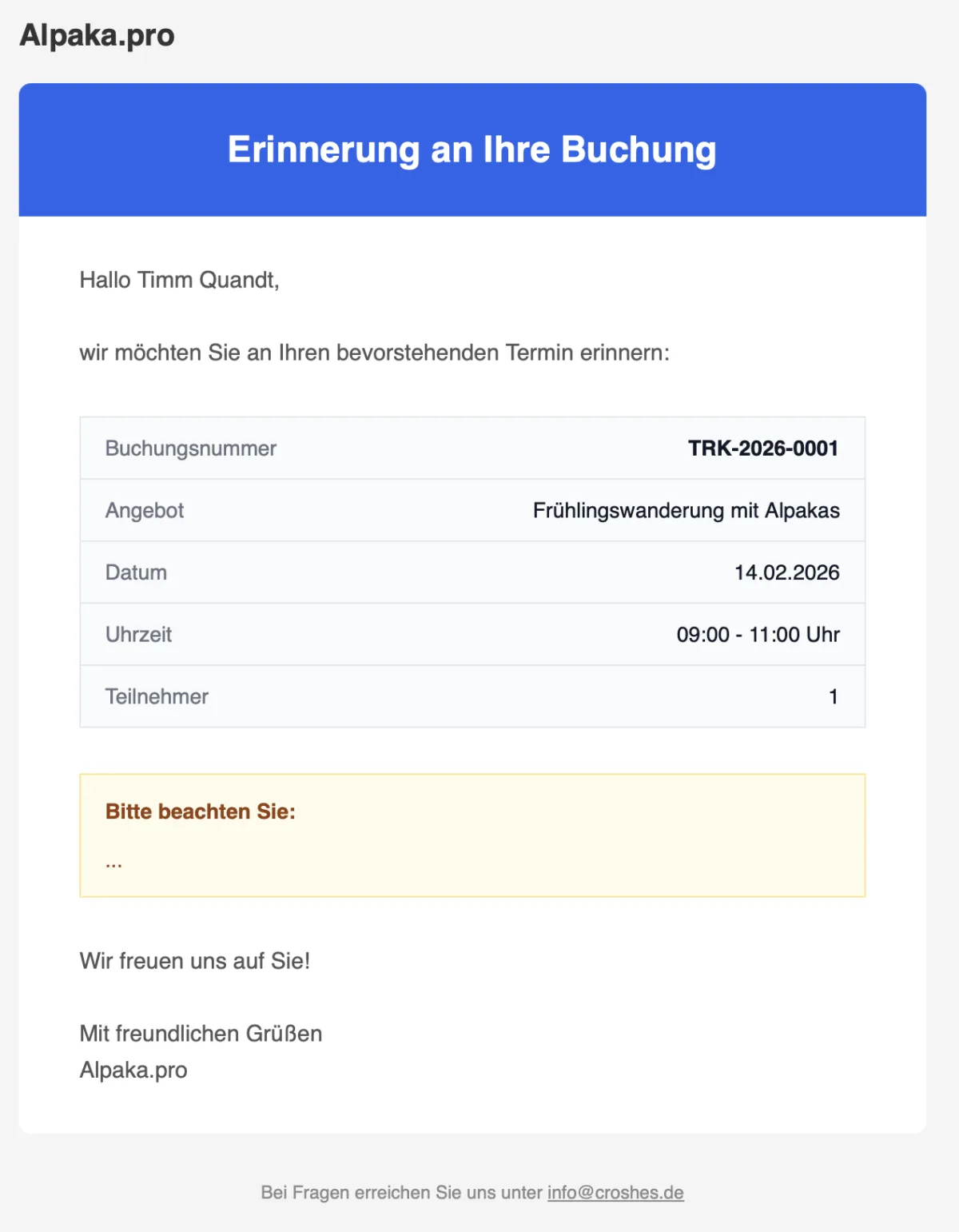 Automatische Erinnerungs-Mail an Teilnehmer einer Alpaka-Wanderung