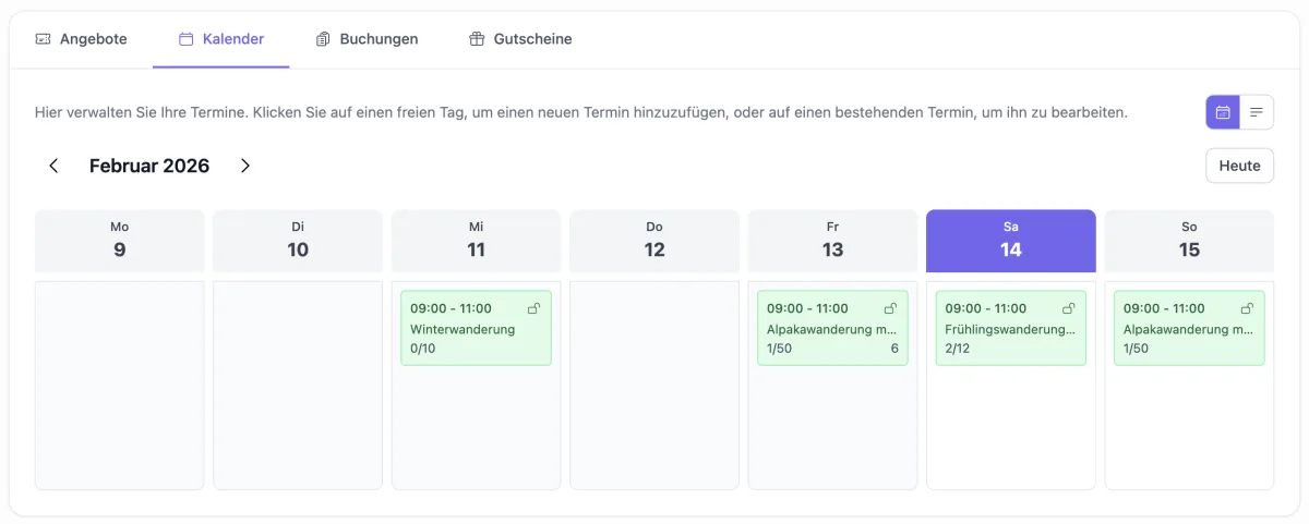 Kalenderansicht mit Alpaka-Wanderterminen für den Check-in vor Ort