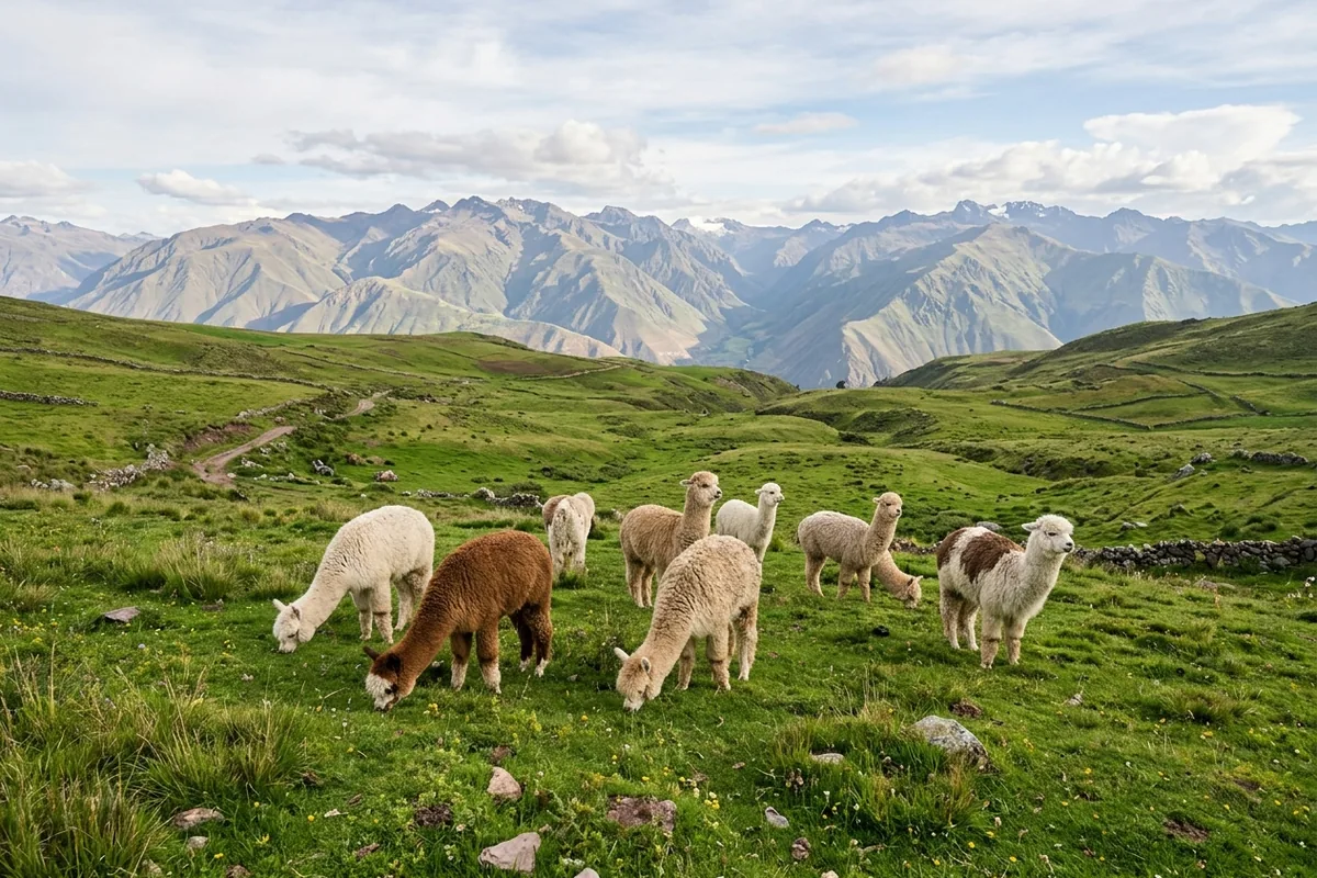 Alpakaherde auf einer grünen Hochlandweide in den Anden, Symbolbild für die Ökobilanz von Alpakawolle