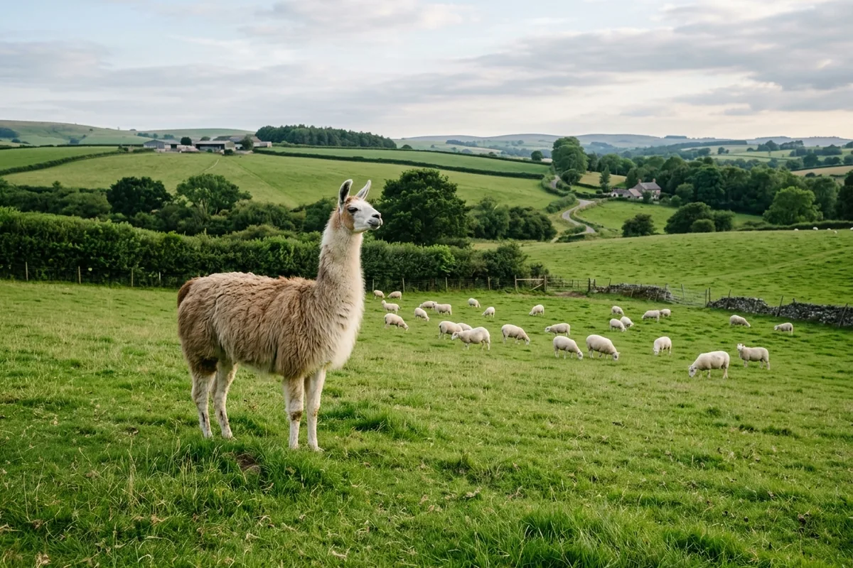 Ein Lama steht wachsam bei einer Schafherde auf der Weide