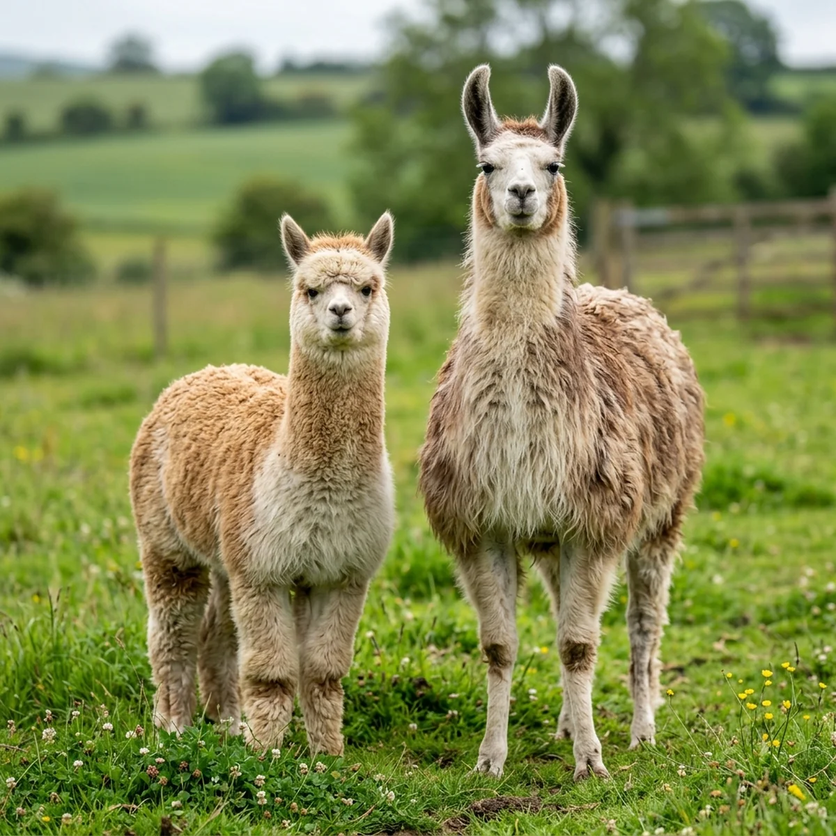 Alpaka und Lama nebeneinander auf der Weide im Größen- und Ohrenvergleich