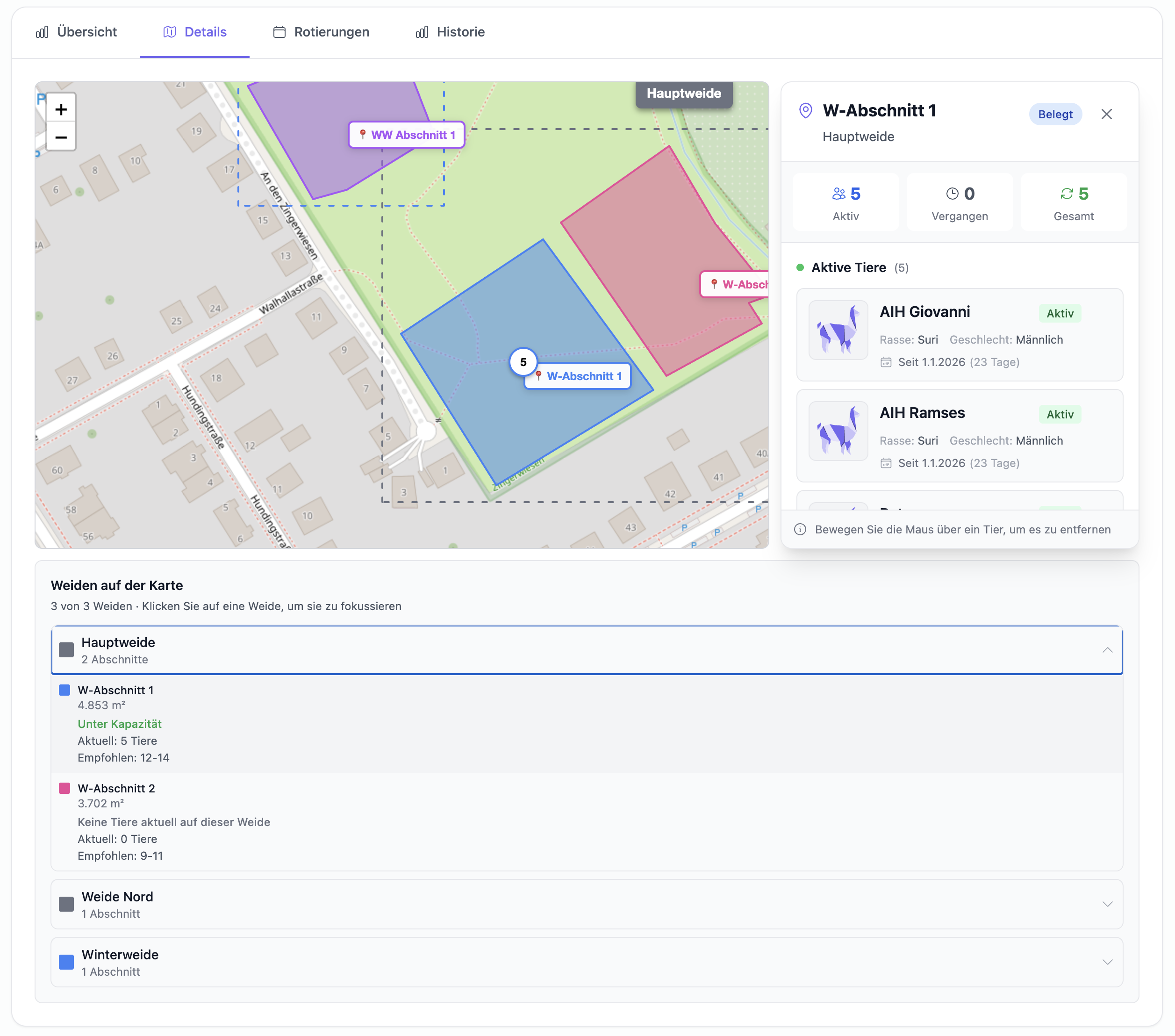 Weidedetails - Größe, Eigenschaften und Notizen pro Weide