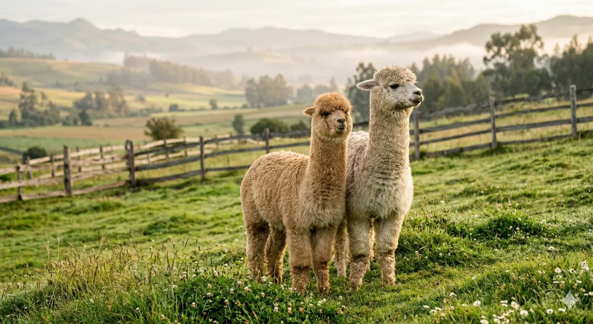 Zwei Alpakas auf einer grünen Weide – Deckprozess und Zucht bei Alpakas