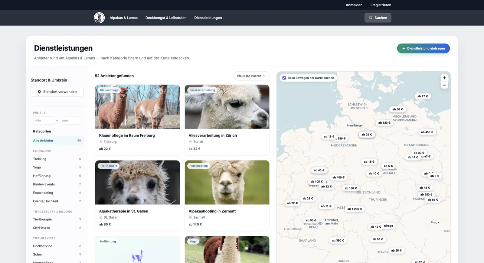 Service-Katalog im Alpaca Store: Alpaka- und Lama-Dienstleistungen mit Kategorien, Preisfilter und Kartenansicht